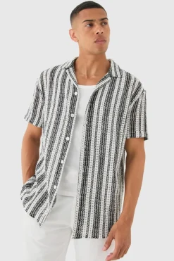 Online boohooMAN Short Sleeve Revere Oversized Open Knit Stripe Shirt black