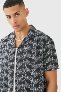 Sale boohooMAN Short Sleeve Revere Oversized Embroidered Geo Shirt black
