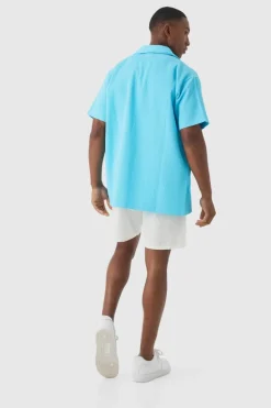 Clearance boohooMAN Short Sleeve Revere Oversized Pleated Shirt aqua