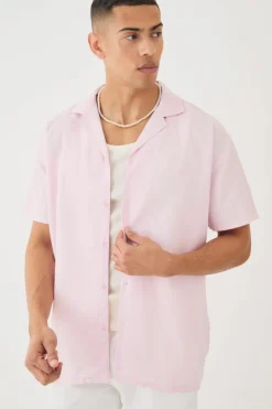 Online boohooMAN Short Sleeve Revere Oversized Linen Shirt dusty pink