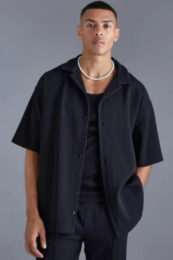 Online boohooMAN Short Sleeve Revere Oversized Fit Pleated Shirt black