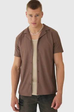 Fashion boohooMAN Short Sleeve Revere Rib Jersey Shirt coffee