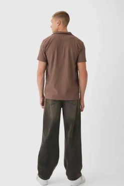 Fashion boohooMAN Short Sleeve Revere Rib Jersey Shirt coffee