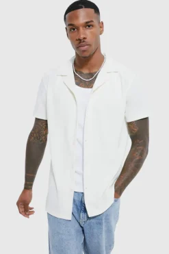 Store boohooMAN Short Sleeve Revere Rib Jersey Shirt sand