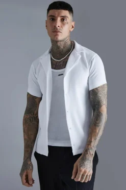 Sale boohooMAN Short Sleeve Revere Stretch Fit Pleated Shirt white
