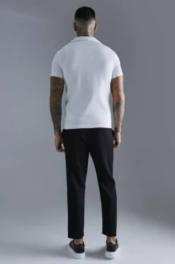 Sale boohooMAN Short Sleeve Revere Stretch Fit Pleated Shirt white