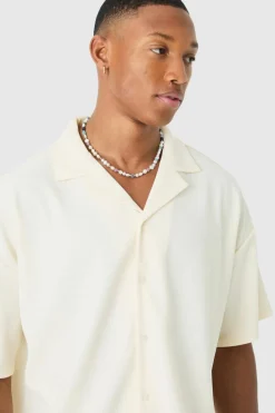 Fashion boohooMAN Short Sleeve Ribbed Boxy Shirt ecru