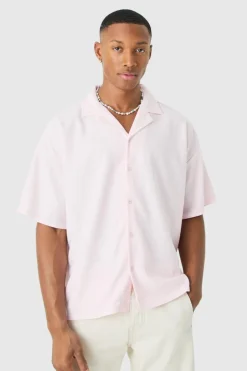 New boohooMAN Short Sleeve Ribbed Boxy Shirt pink