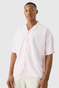 New boohooMAN Short Sleeve Ribbed Boxy Shirt pink