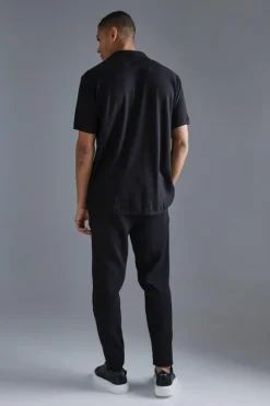 Fashion boohooMAN Short Sleeve Ribbed Revere Oversized Shirt black