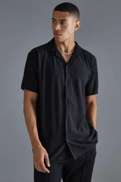 Fashion boohooMAN Short Sleeve Ribbed Revere Oversized Shirt black