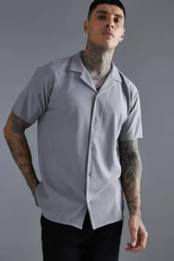 Discount boohooMAN Short Sleeve Ribbed Revere Oversized Shirt grey