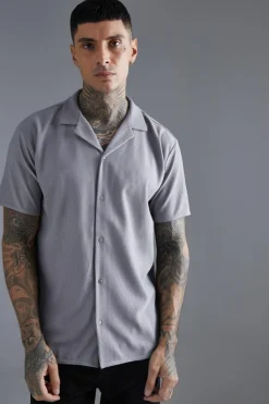 Discount boohooMAN Short Sleeve Ribbed Revere Oversized Shirt grey