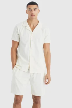 Online boohooMAN Short Sleeve Ribbed Shirt And Short Set ecru