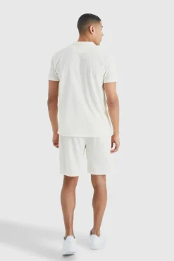 Online boohooMAN Short Sleeve Ribbed Shirt And Short Set ecru