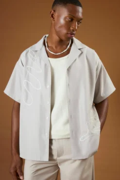 Best boohooMAN Short Sleeve Satin Oversized Monogram Shirt white