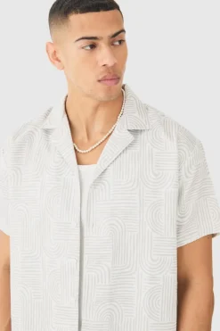 Best boohooMAN Short Sleeve Satin Oversized Monogram Shirt white