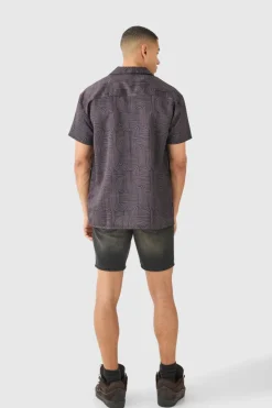 Hot boohooMAN Short Sleeve Satin Oversized Monogram Shirt chocolate
