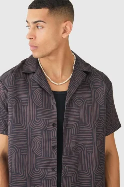 Hot boohooMAN Short Sleeve Satin Oversized Monogram Shirt chocolate
