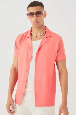 Store boohooMAN Short Sleeve Satin Shirt coral