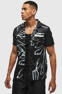 Shop boohooMAN Short Sleeve Satin Tonal Palm Shirt black