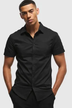 Hot boohooMAN Short Sleeve Slim Fit Shirt black