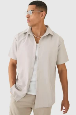 Cheap boohooMAN Short Sleeve Soft Twill Oversized Shirt pale grey