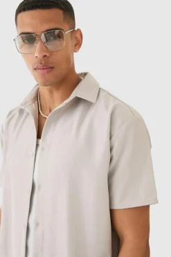 Cheap boohooMAN Short Sleeve Soft Twill Oversized Shirt pale grey