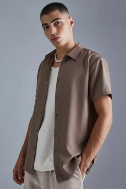 Outlet boohooMAN Short Sleeve Soft Twill Smart Shirt taupe