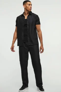 Best Sale boohooMAN Short Sleeve Soft Twill Smart Shirt & Trouser Set black