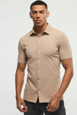 Cheap boohooMAN Short Sleeve Stretch Fit Jersey Shirt taupe