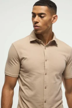 Cheap boohooMAN Short Sleeve Stretch Fit Jersey Shirt taupe