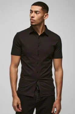 Store boohooMAN Short Sleeve Stretch Fit Jersey Shirt black