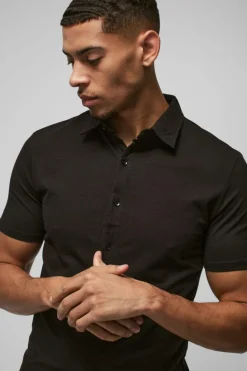 Store boohooMAN Short Sleeve Stretch Fit Jersey Shirt black