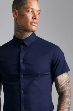New boohooMAN Short Sleeve Stretch Fit Shirt navy