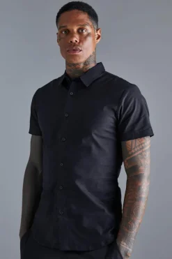 Fashion boohooMAN Short Sleeve Stretch Fit Shirt black