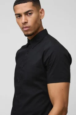 Discount boohooMAN Short Sleeve Stretch Fit Shirt black