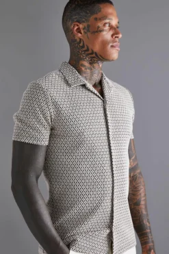 Hot boohooMAN Short Sleeve Stretch Mini Geo Shirt taupe