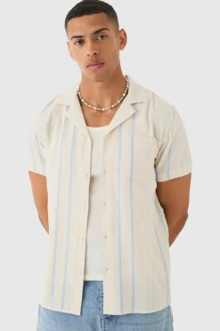Flash Sale boohooMAN Short Sleeve Textured Multi Stripe Pocket Shirt blue