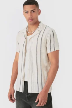 Best Sale boohooMAN Short Sleeve Textured Multi Stripe Pocket Shirt black