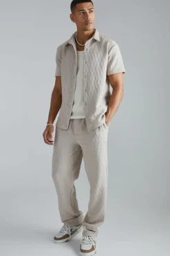 Sale boohooMAN Short Sleeve Textured Stretch Shirt And Trousers Set stone