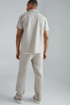 Sale boohooMAN Short Sleeve Textured Stretch Shirt And Trousers Set stone