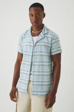 Online boohooMAN Short Sleeve Textured Stripe Shirt blue