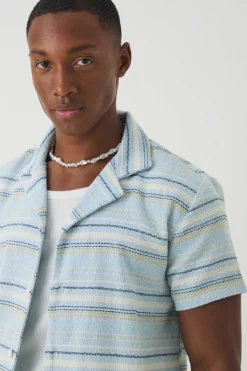 Online boohooMAN Short Sleeve Textured Stripe Shirt blue