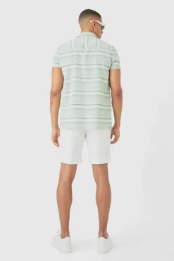 Outlet boohooMAN Short Sleeve Textured Stripe Shirt green