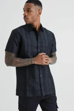 Hot boohooMAN Short Sleeve Textured Tonal Check Shirt black