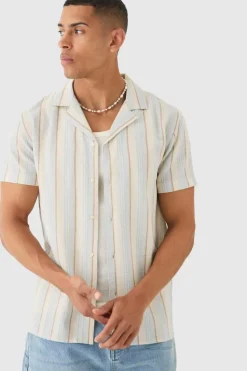 Outlet boohooMAN Short Sleeve Textured Tonal Stripe Shirt blue