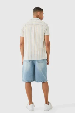 Outlet boohooMAN Short Sleeve Textured Tonal Stripe Shirt blue