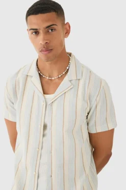 Outlet boohooMAN Short Sleeve Textured Tonal Stripe Shirt blue