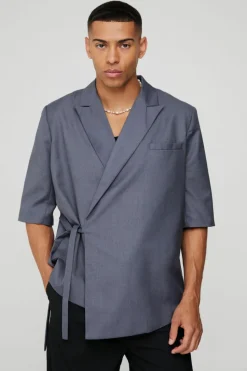 Fashion boohoo Short Sleeve Tie Side Suit Set in charcoal